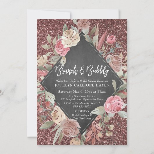 Invitation Rose Parties scintillant or Floral Chalkboard Brun (Devant)