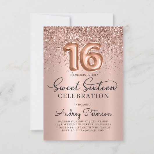 Invitation Rose Parties scintillant or Foil Balloon Sweet 16e (Devant)
