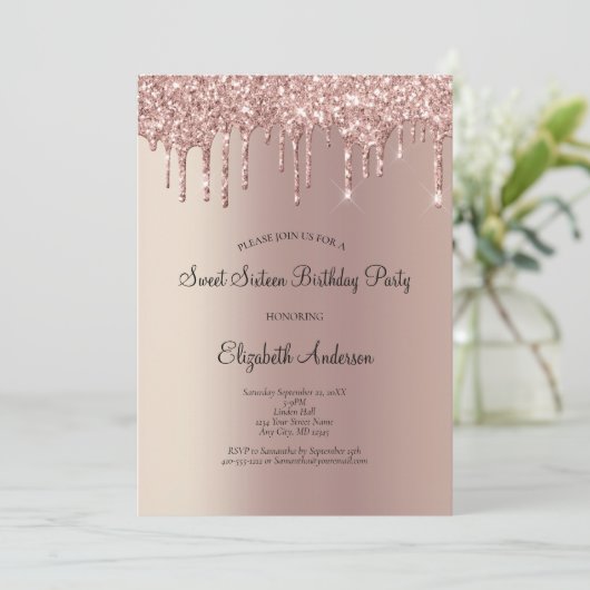 Invitation Rose Parties scintillant or goutte glam Sweet 16 A (Debout devant)