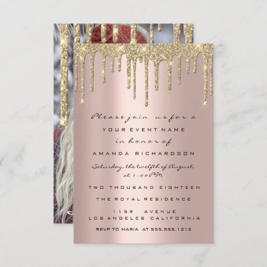 Invitation Rose Parties scintillant or  gouttes Anniversaire  (Devant / Derrière)