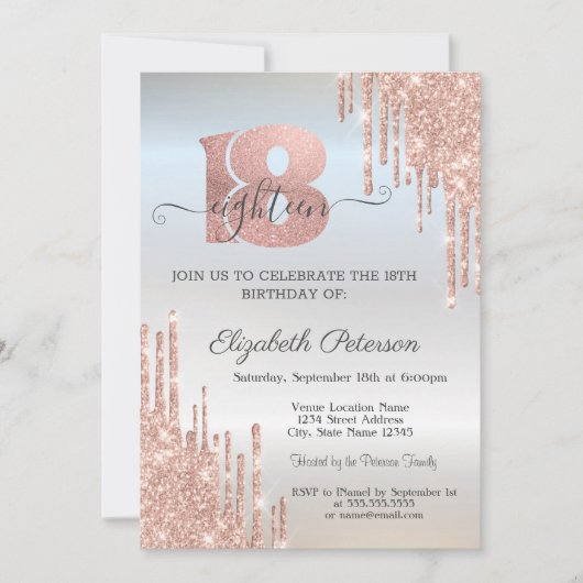 Invitation Rose Parties scintillant or gouttes argent 18e ann (Devant)