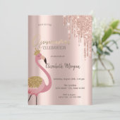 Invitation Rose Parties scintillant or gouttes Flamant rose r (Debout devant)