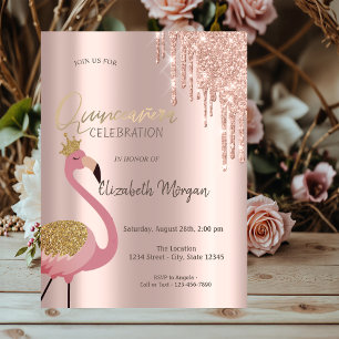 Invitation Rose Parties scintillant or gouttes Flamant rose r