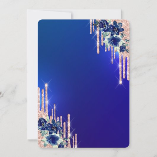 Invitation Rose Parties scintillant or gouttes Fleurs bleues (Dos)