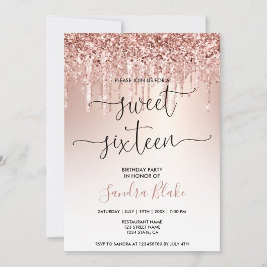 Invitation Rose Parties scintillant or gouttes Girly Modern S (Devant)