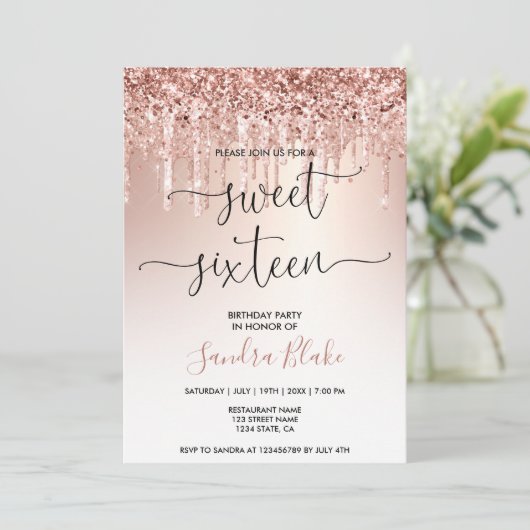 Invitation Rose Parties scintillant or gouttes Girly Modern S (Debout devant)