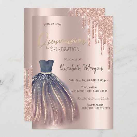 Invitation Rose Parties scintillant or gouttes robe chic Quin (Devant / Derrière)