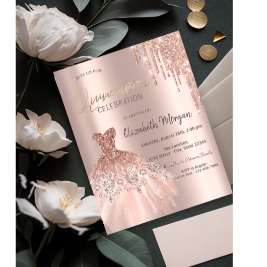 Invitation Rose Parties scintillant or gouttes robe Quinceañ