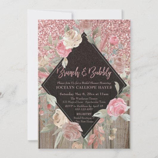 Invitation Rose Parties scintillant or Grange bois Floral Bru (Devant)