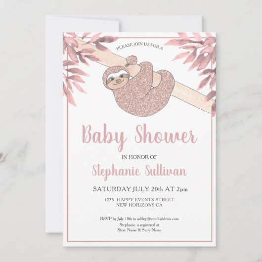 Invitation Rose Parties scintillant or mignonne bébé fille Ba (Devant)