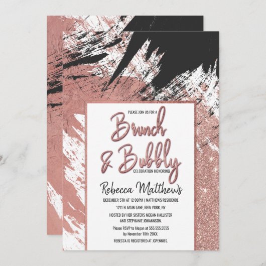 Invitation Rose Parties scintillant or Noir brosse Brunch Bub (Devant / Derrière)