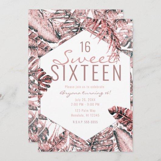 Invitation Rose Parties scintillant or Palme tropicale Feuill (Devant / Derrière)