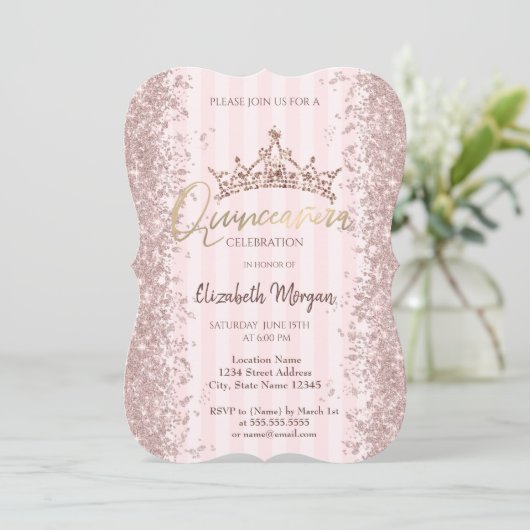 Invitation Rose Parties scintillant or Poussière Couronne Pin (Debout devant)