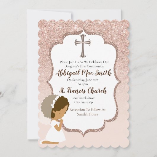 Invitation Rose Parties scintillant or première communion Inv (Devant)