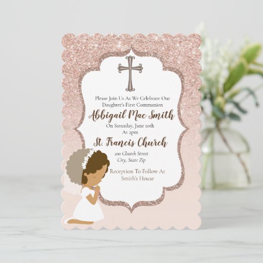 Invitation Rose Parties scintillant or première communion Inv (Debout devant)