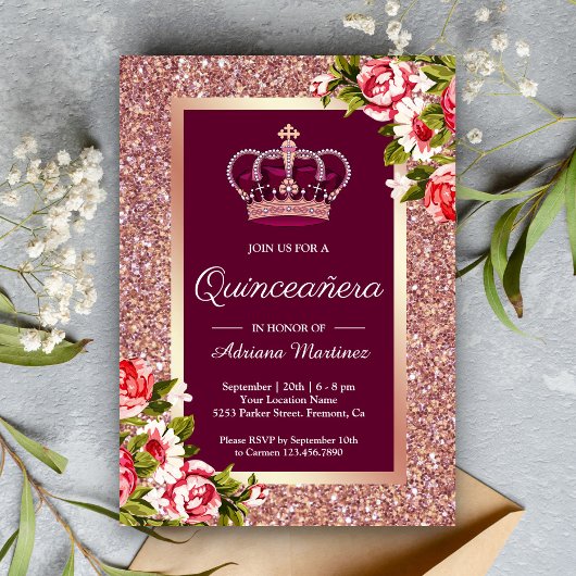 Invitation Rose Parties scintillant or Princesse rose Floral