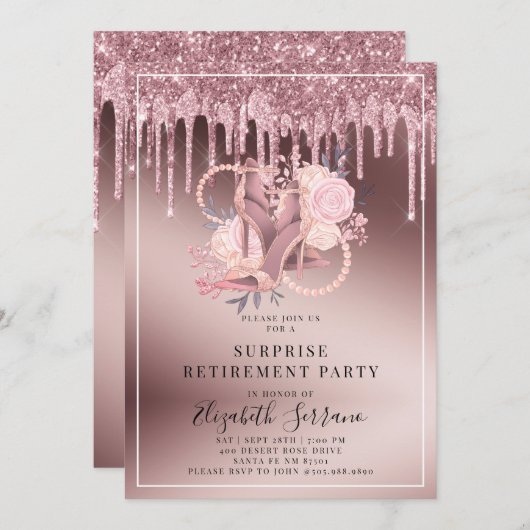 Invitation Rose Parties scintillant or  retraite surprise (Devant / Derrière)