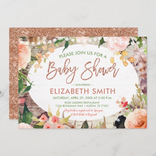Invitation Rose Parties scintillant or Sage Baby shower flora (Devant / Derrière)