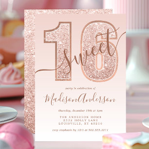 Invitation Rose Parties scintillant or Script Sweet 16 fête d
