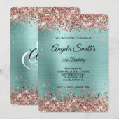 Invitation Rose Parties scintillant or Turquoise Foil Fancy M (Devant / Derrière)