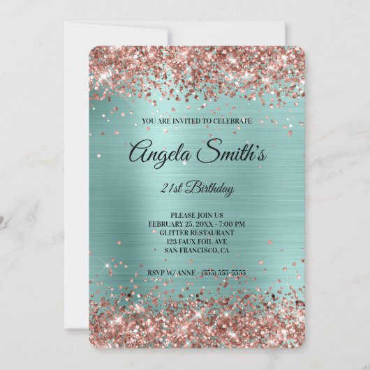 Invitation Rose Parties scintillant or Turquoise Foil Fancy M (Devant)
