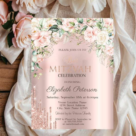 Invitation Rose Parties scintillant Rose Gold Bat mitzvah