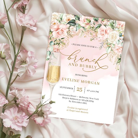 Invitation Rose pastel doux & brunch doré et mousseux