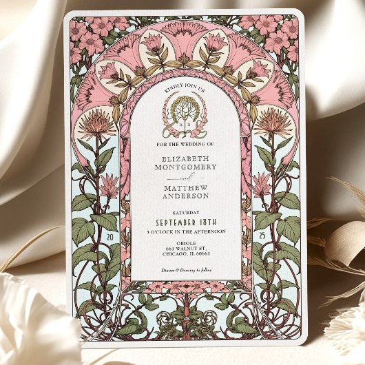 Invitation Rose & Pastel Elegance Art Nouveau Mariage