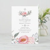 Invitation Rose pastel et gris floral bohème confirmation (Debout devant)