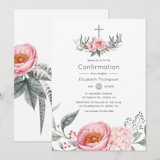 Invitation Rose pastel et gris floral bohème confirmation (Devant / Derrière)