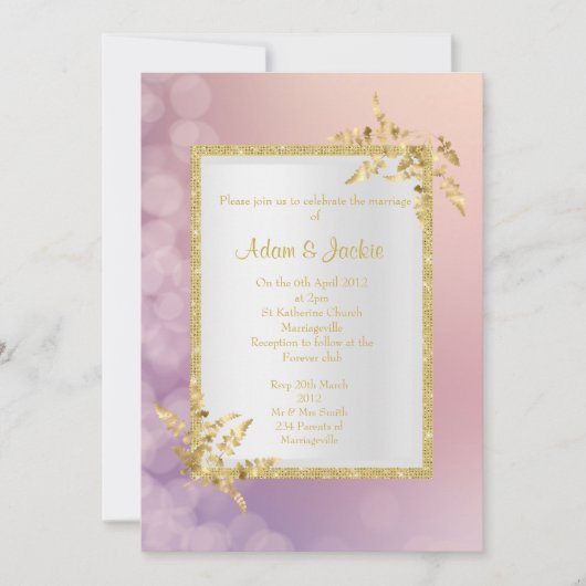Invitation Rose pastel violet or feuille d'or MARIAGE ÉLÉGANT (Devant)