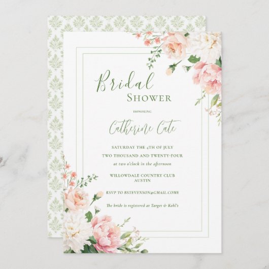 Invitation Rose Peach Floral Élégante Fête des mariées (Devant / Derrière)