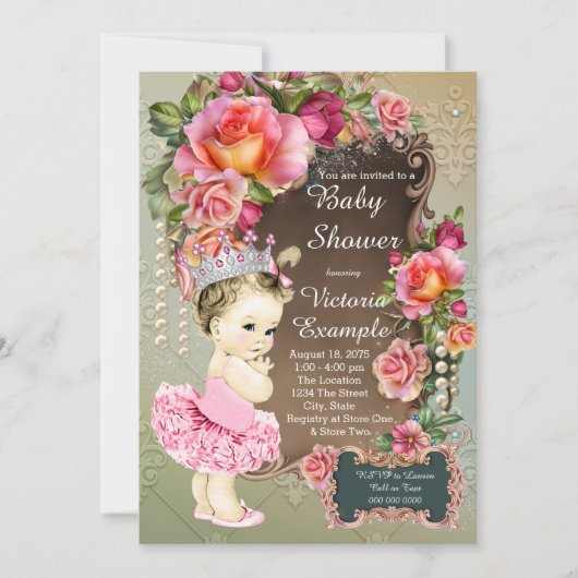 Invitation Rose Pearl Tutu Princess Baby shower (Devant)