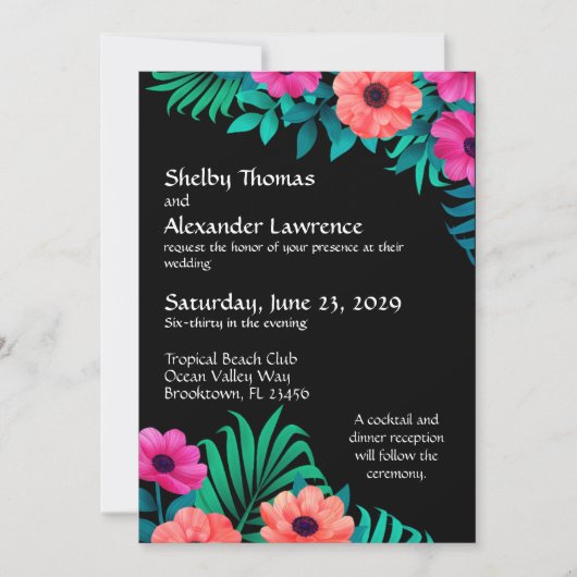 Invitation Rose, Pêche et Vert sur Mariage noir (Devant)
