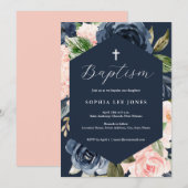 Invitation Rose Pêche Floral Moderne Baptême (Devant / Derrière)