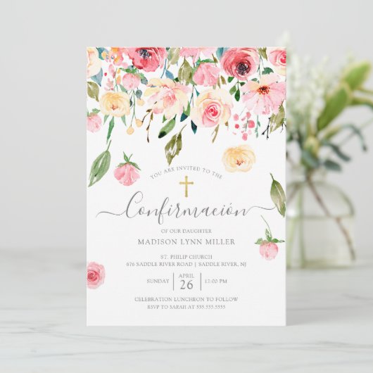 Invitation Rose Peonies Espagnol Confirmation (Debout devant)