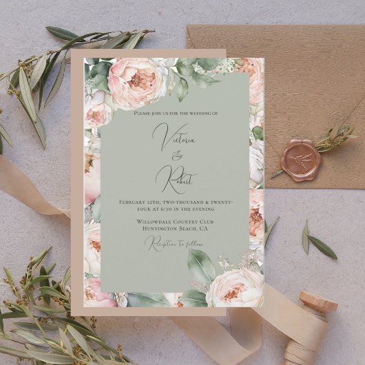 Invitation Rose Peony Floral Aquarelle Sage Mariage moderne