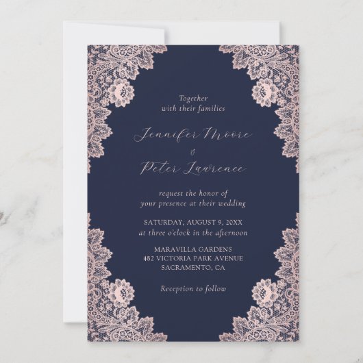 Invitation Rose personnalisé Gold et Mariage bleu marine (Devant)