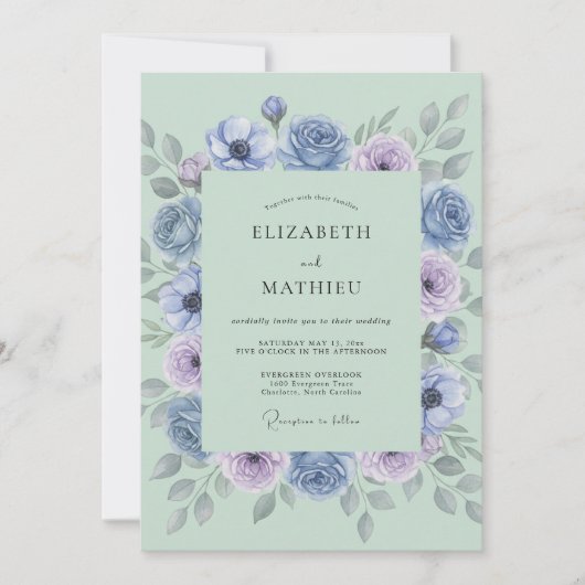 Invitation Rose Pervenche Fleur Botanique Mariage (Devant)