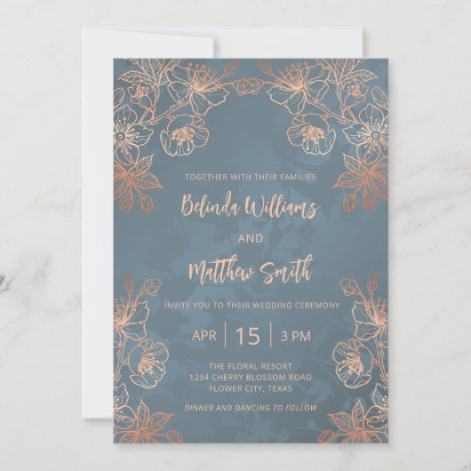 Invitation Rose photo Gold Dusty Mariage bleu (Devant)