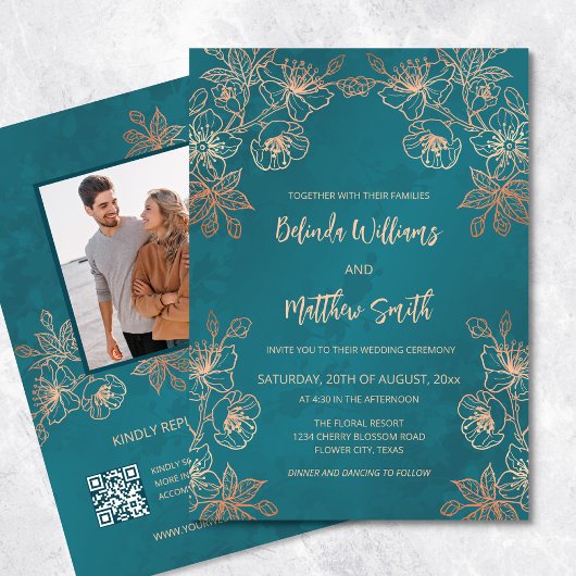 Invitation Rose photo Gold Mariage Turquoise