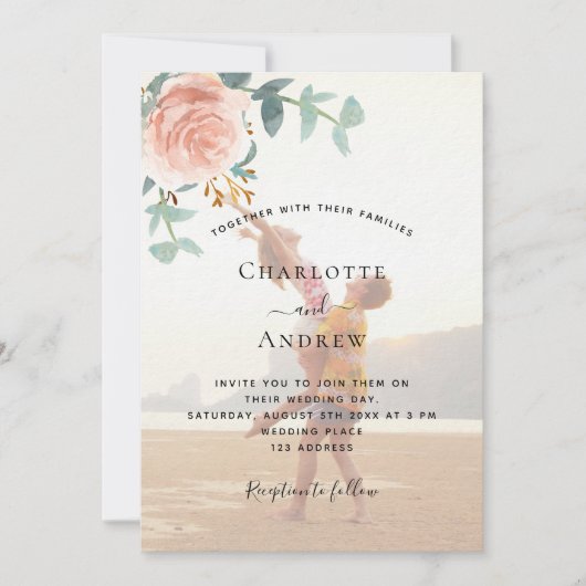Invitation Rose photo or fleurie verdure mariage de luxe (Devant)