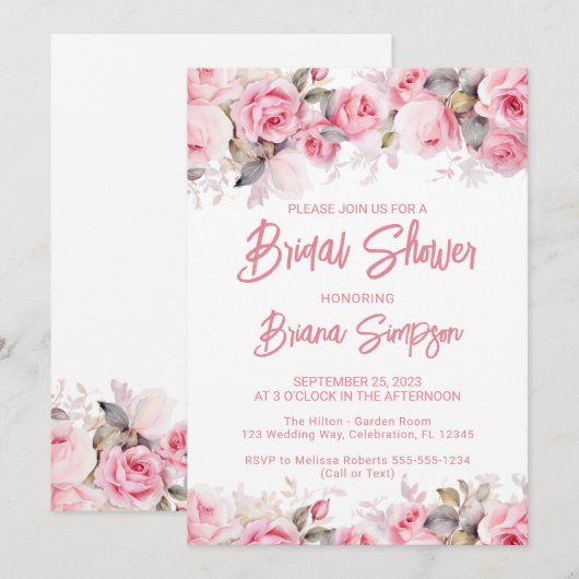 Invitation Rose Pink Floral Bridal Shower (Devant / Derrière)