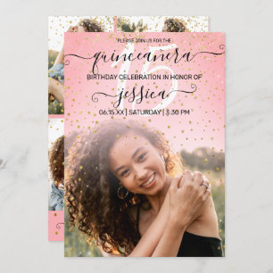 Invitation Rose Pink Gold Confetti Photo Collage Quinceañera