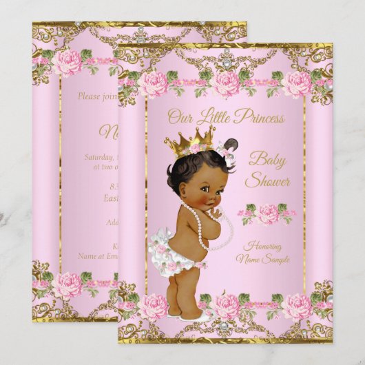 Invitation Rose Pink Gold White Princesse Baby shower ethniqu (Devant / Derrière)
