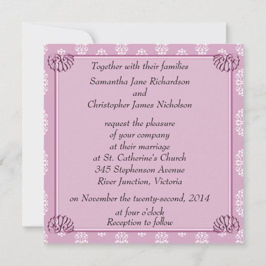 Invitation Rose Pink Mariage damassé (Dos)