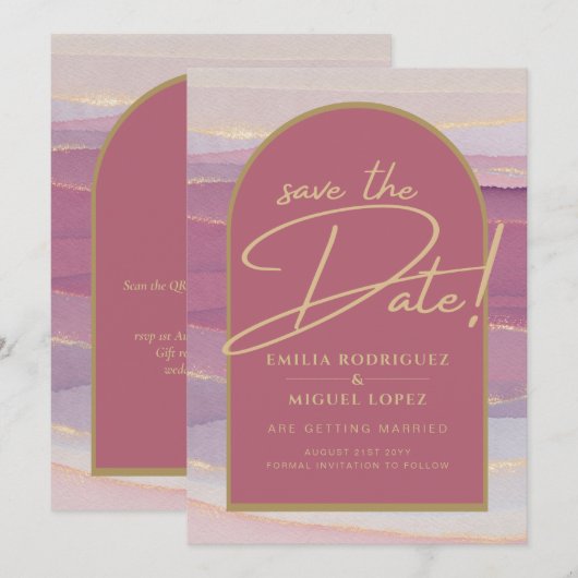 Invitation Rose Pink Or Mariage en marbre à arch SAVE DATES (Devant / Derrière)