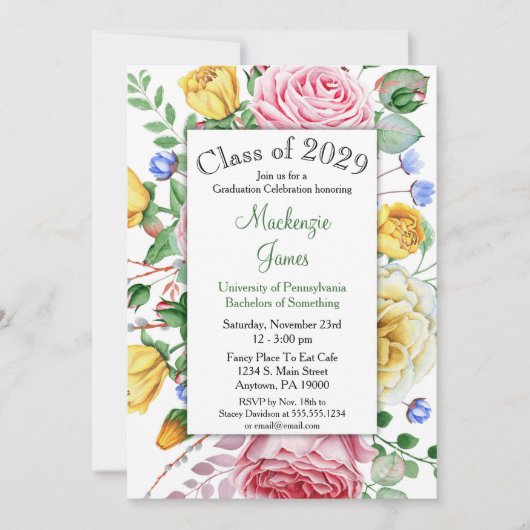 Invitation rose Pink Yellow Floral Graduation (Devant)
