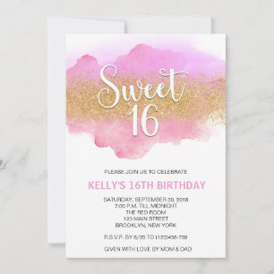 Invitation Rose Poudré Aquarelle Moderne Sweet 16 Seize