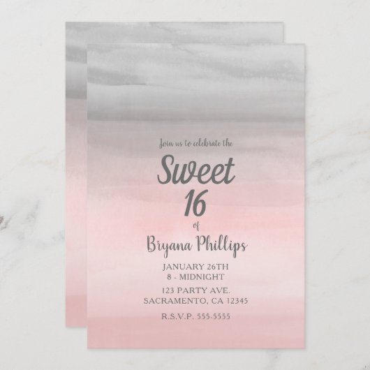 Invitation Rose poudré et moderne gris aquarelle douce 16 ans (Devant / Derrière)